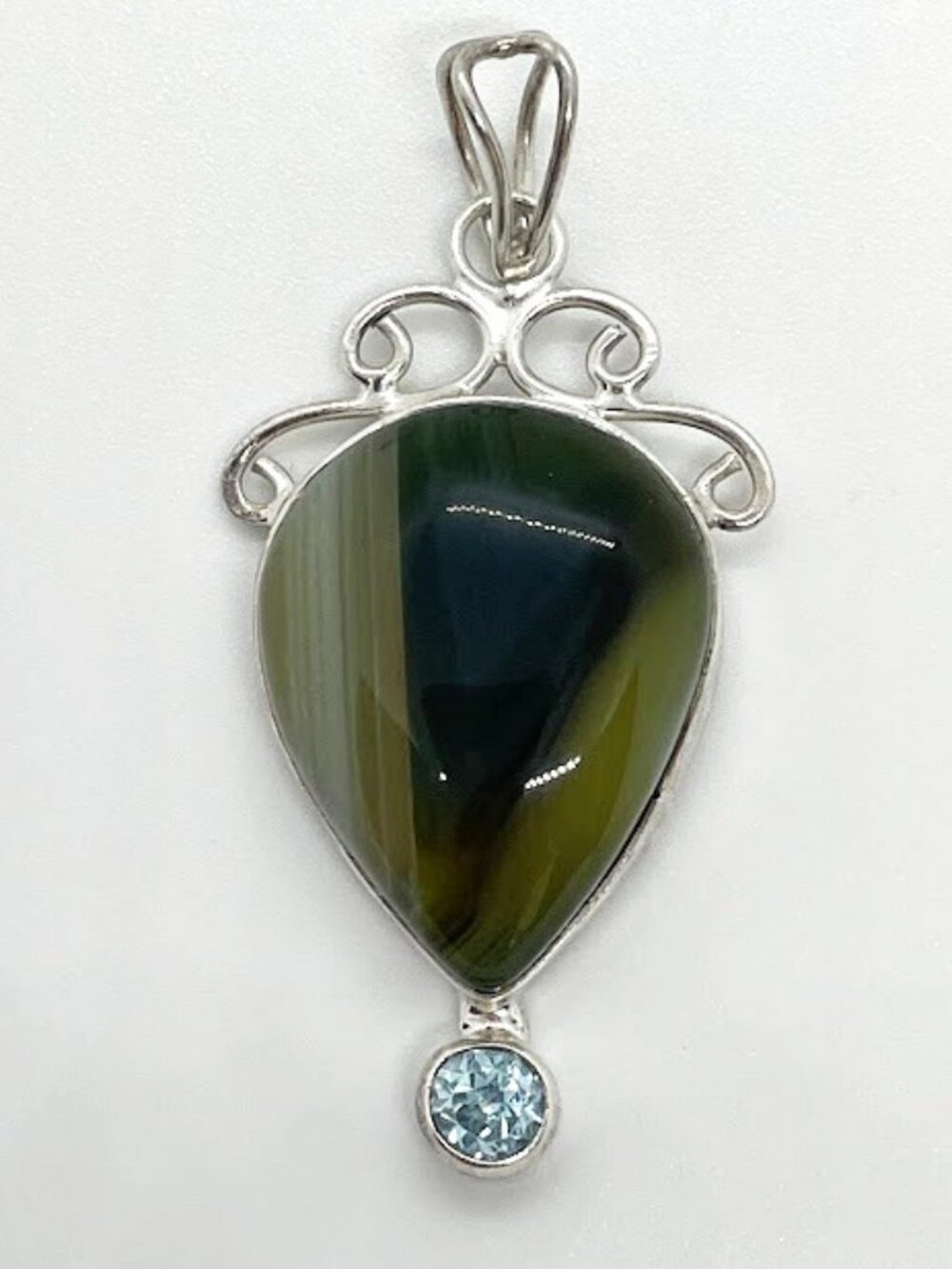 Semi-Opaque Green Striped Agate & created Aquamarine Pendant is Silver